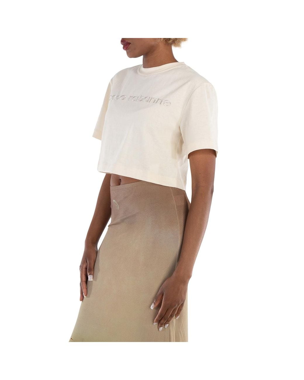 Rabanne White Ladies Nude Logo-Embroidered Cropped T-Shirt, Brand Size 38 (Us
