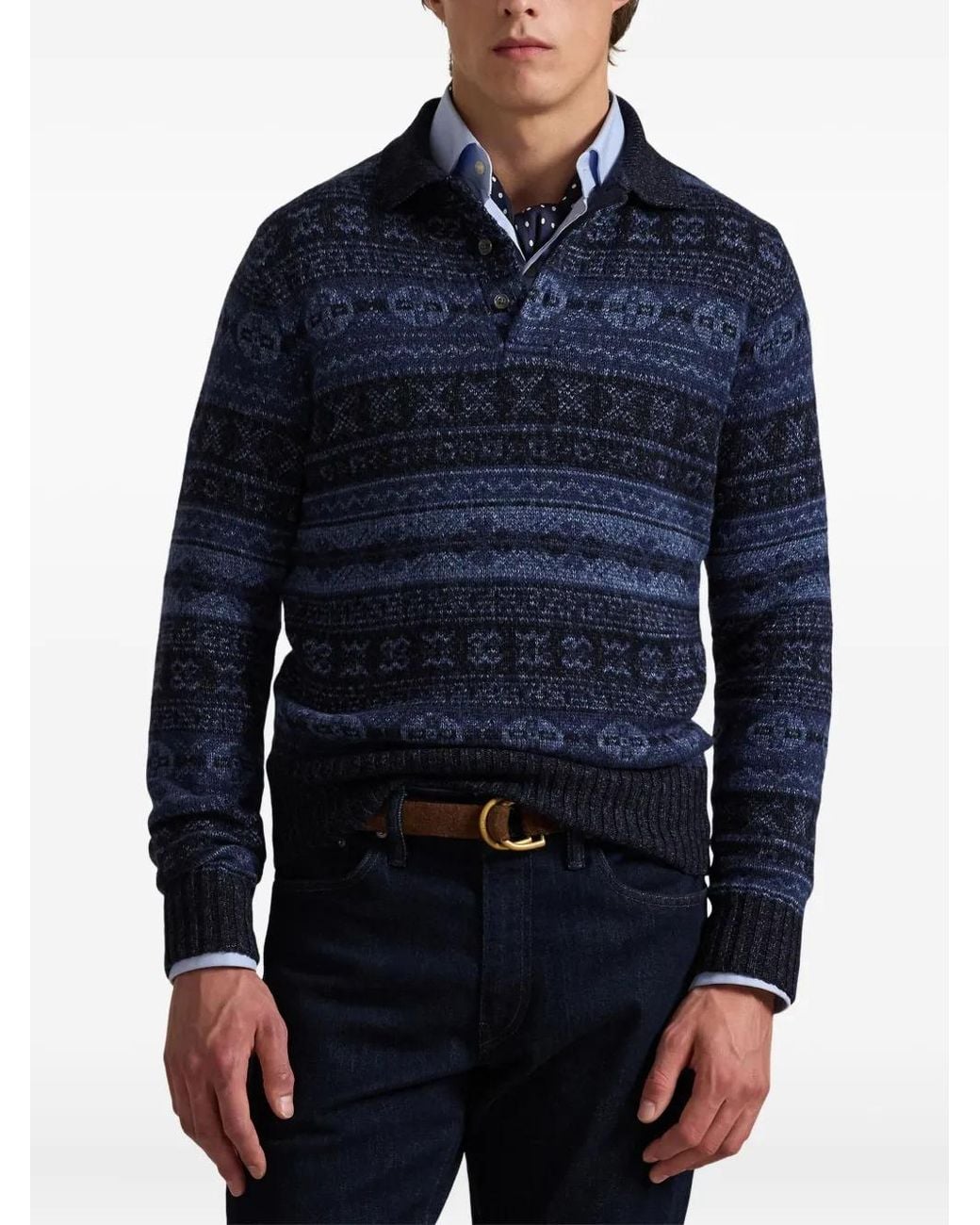 Polo Ralph Lauren Blue Fair Isle Wool-Linen Polo Sweater for men