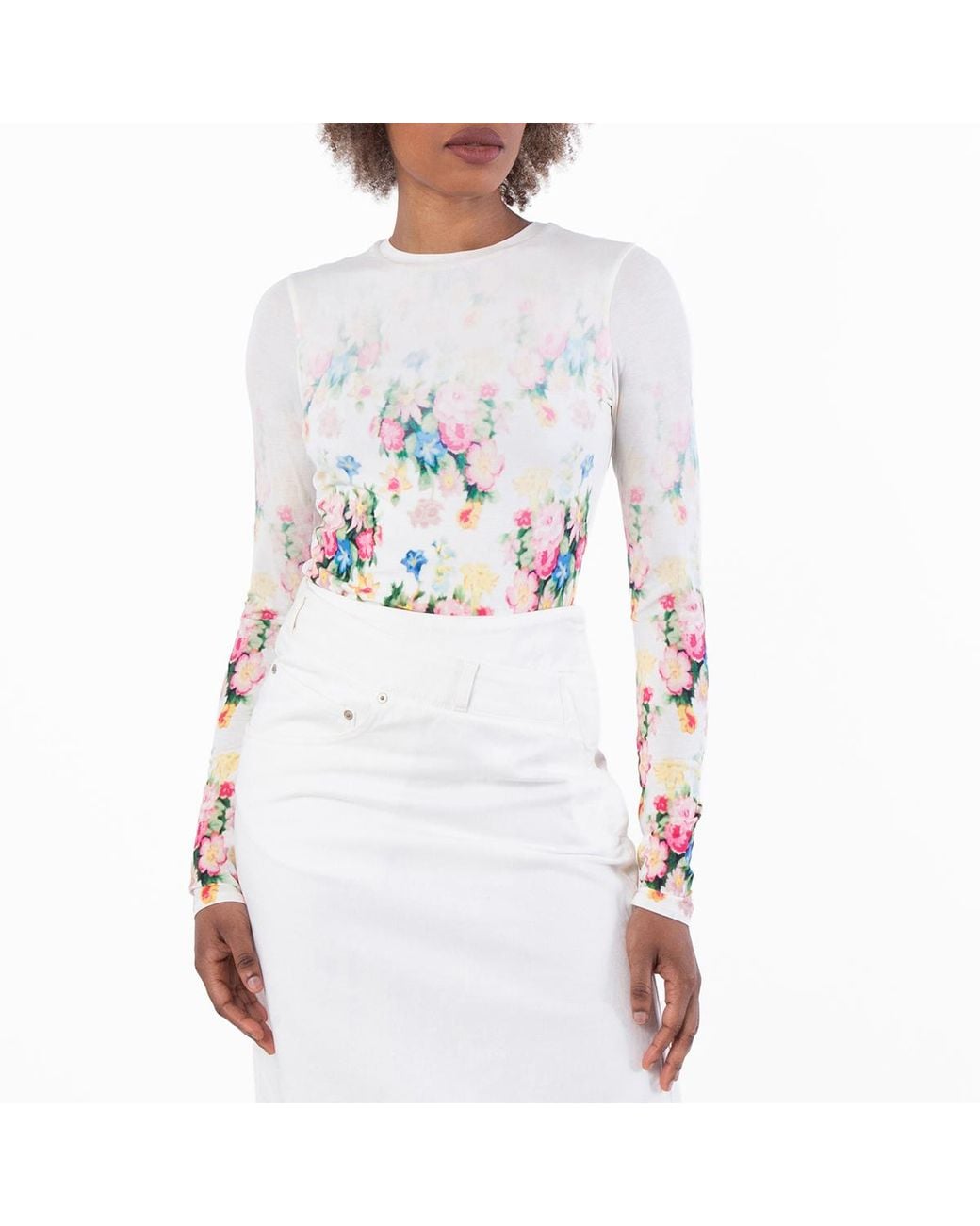Loewe White Floral-Printed Long Sleeved Top