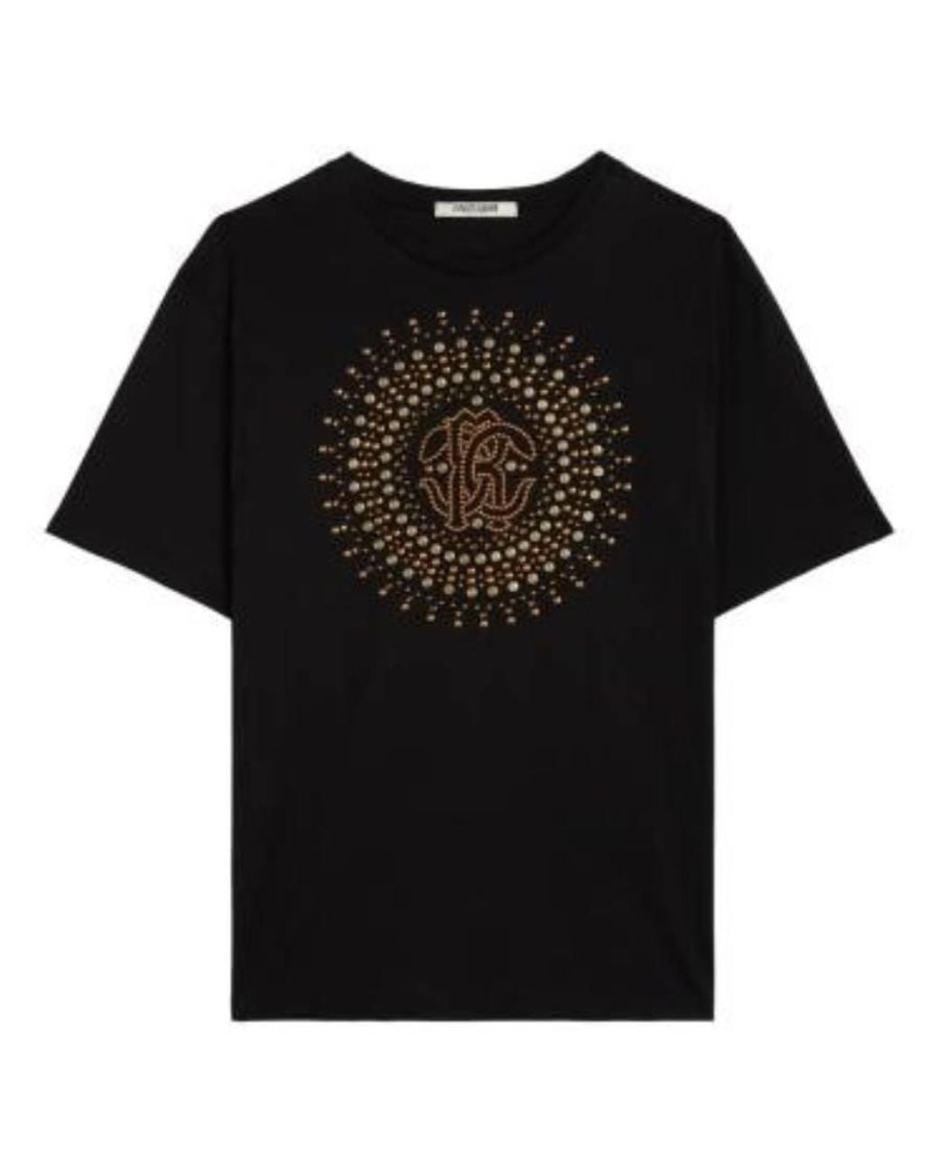 Roberto Cavalli Black Crystal Monogram Rc Logo Cotton T-Shirt for men