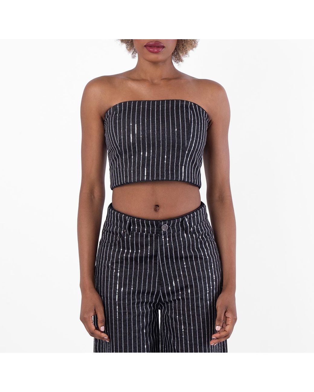 ROTATE BIRGER CHRISTENSEN Blue Sequin Twill Crop Top, Brand Size 40 Us