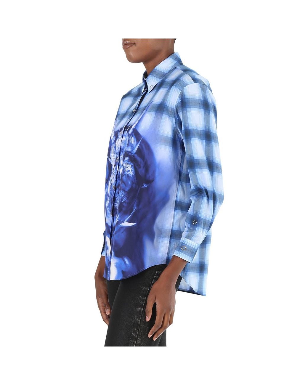 Burberry Blue Ladies Ink Sea Maiden Print Plaid Shirt, Brand Size 4 (Us