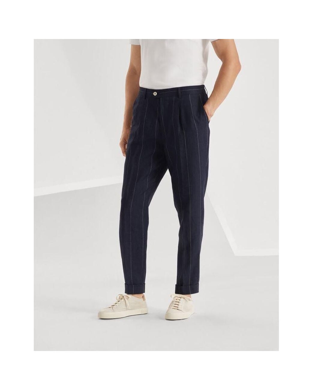 Brunello Cucinelli Blue Linen Tapered Trousers, Brand Size 46 (Us for men