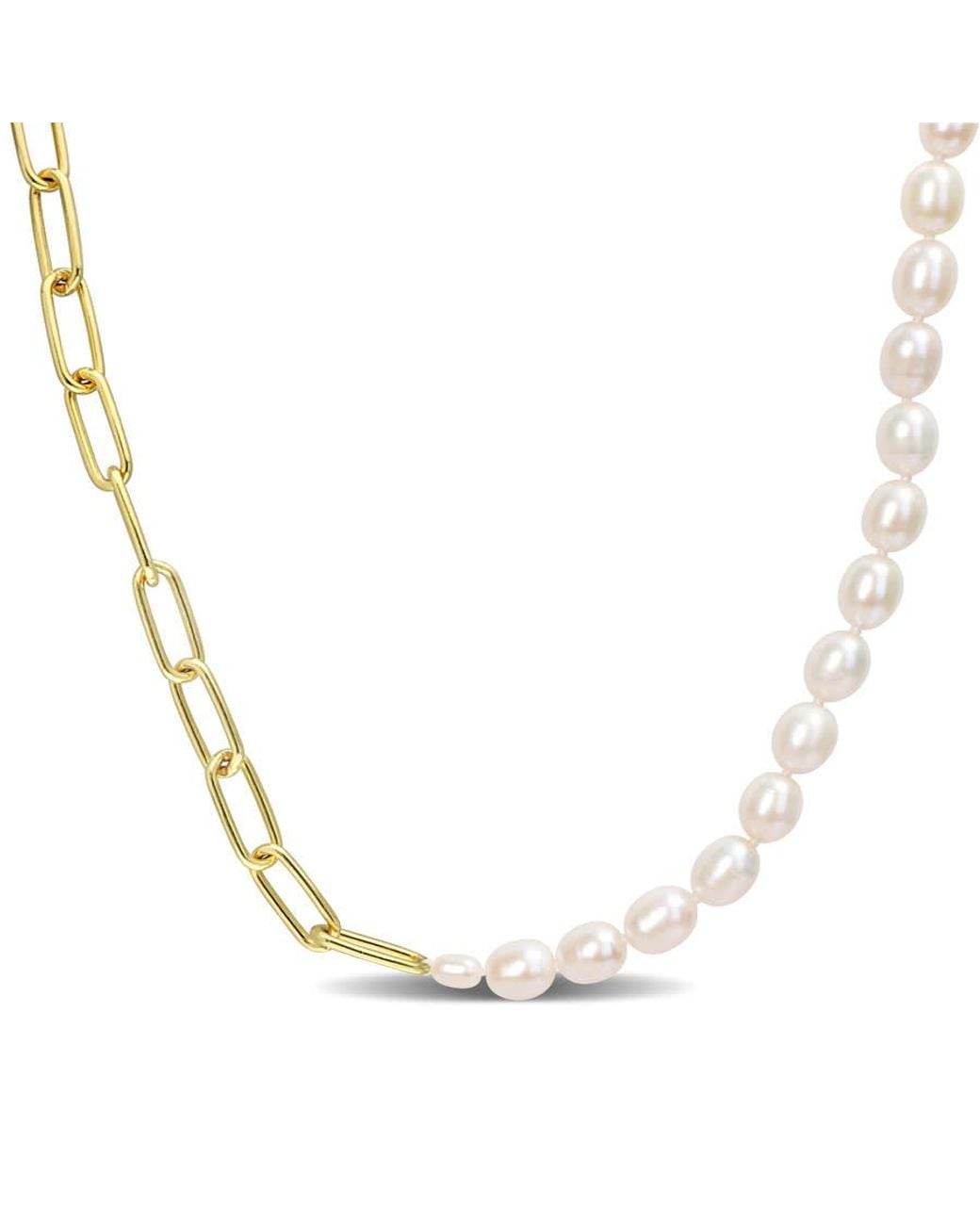 Amour Metallic 7-7.5 Mm Cultured Freshwater Rice Pearl And 6 Mm Oval Link Chain Necklace for men
