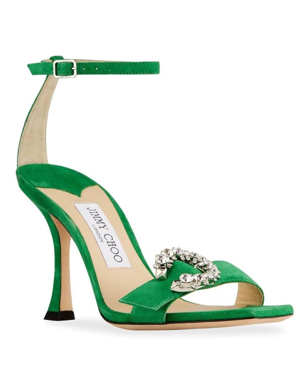 Jimmy Choo Green Marsai 90 Suede Crystal-Buckle Sandals, Brand Size 34 Us