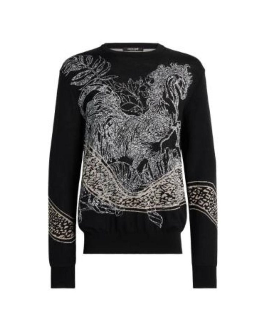 Roberto Cavalli Black Animalier Wave Embroidered Sweater for men