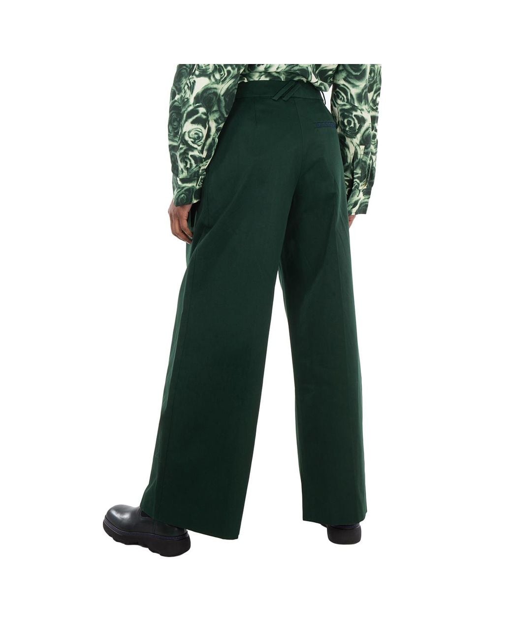 Burberry Green Wide Leg Pleated-Detail Cotton Trousers, Brand Size 2 (Us