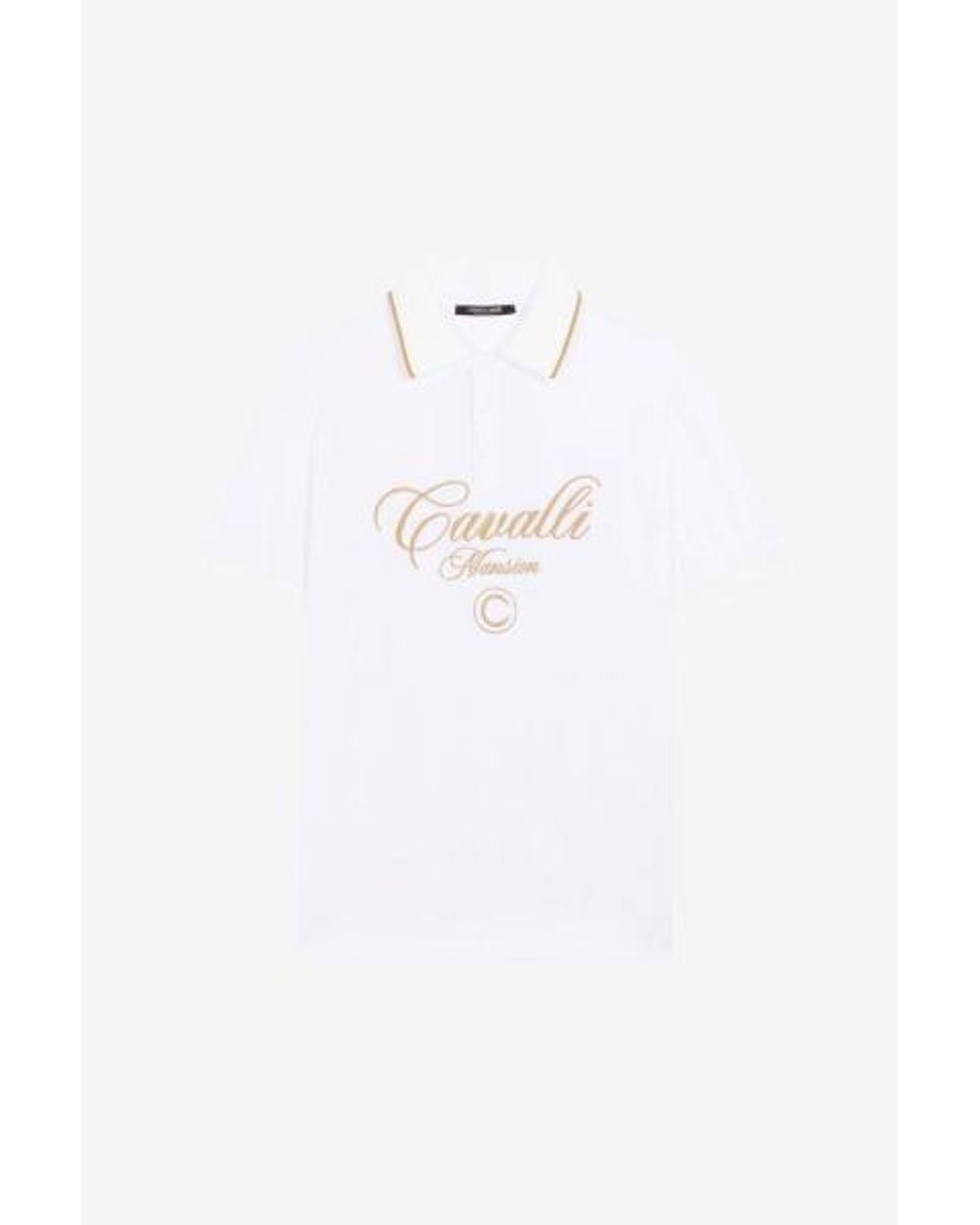 Roberto Cavalli White Logo-Embroidered Cotton Polo Shirt for men