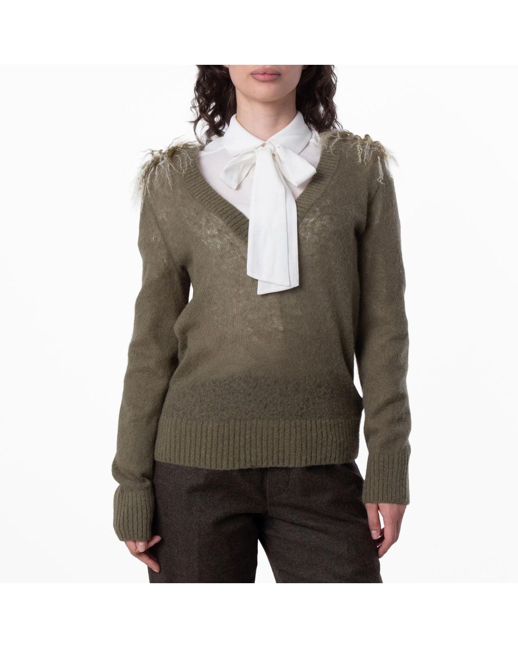 Burberry Green Wool Blend V-Neck Sweater With Shearling Detail