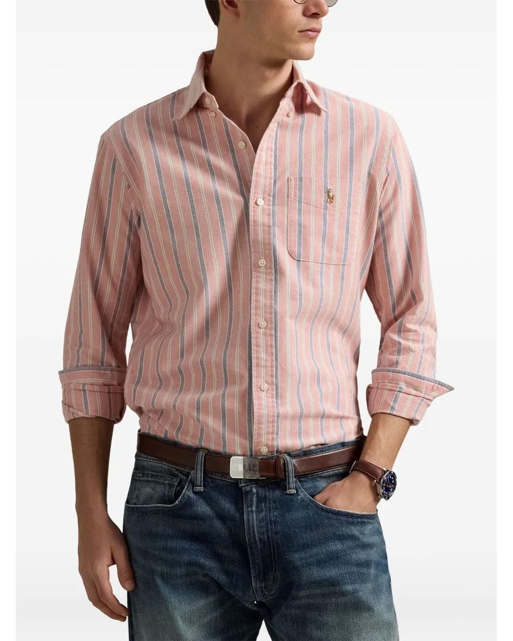 Polo Ralph Lauren Pink Striped Custom Fit Oxford Shirt for men