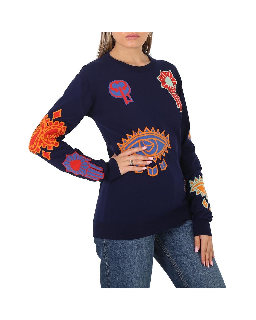 Roberto Cavalli Blue Ladies Bandana Symbol Instarsia Sweater, Brand Size 38 (Us for men