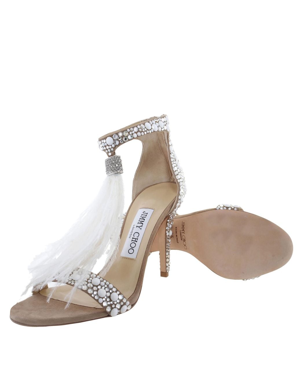 Jimmy Choo White Viola 100 Mm Feather Tassel Cocktail Sandals, Brand Size 34.5 Us