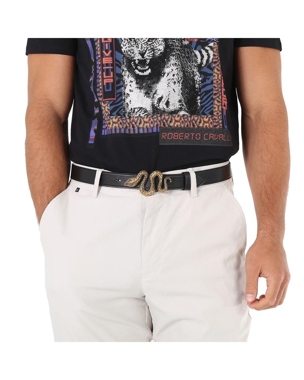 Roberto Cavalli Black Gange Serpente Leather Belt, Cm for men