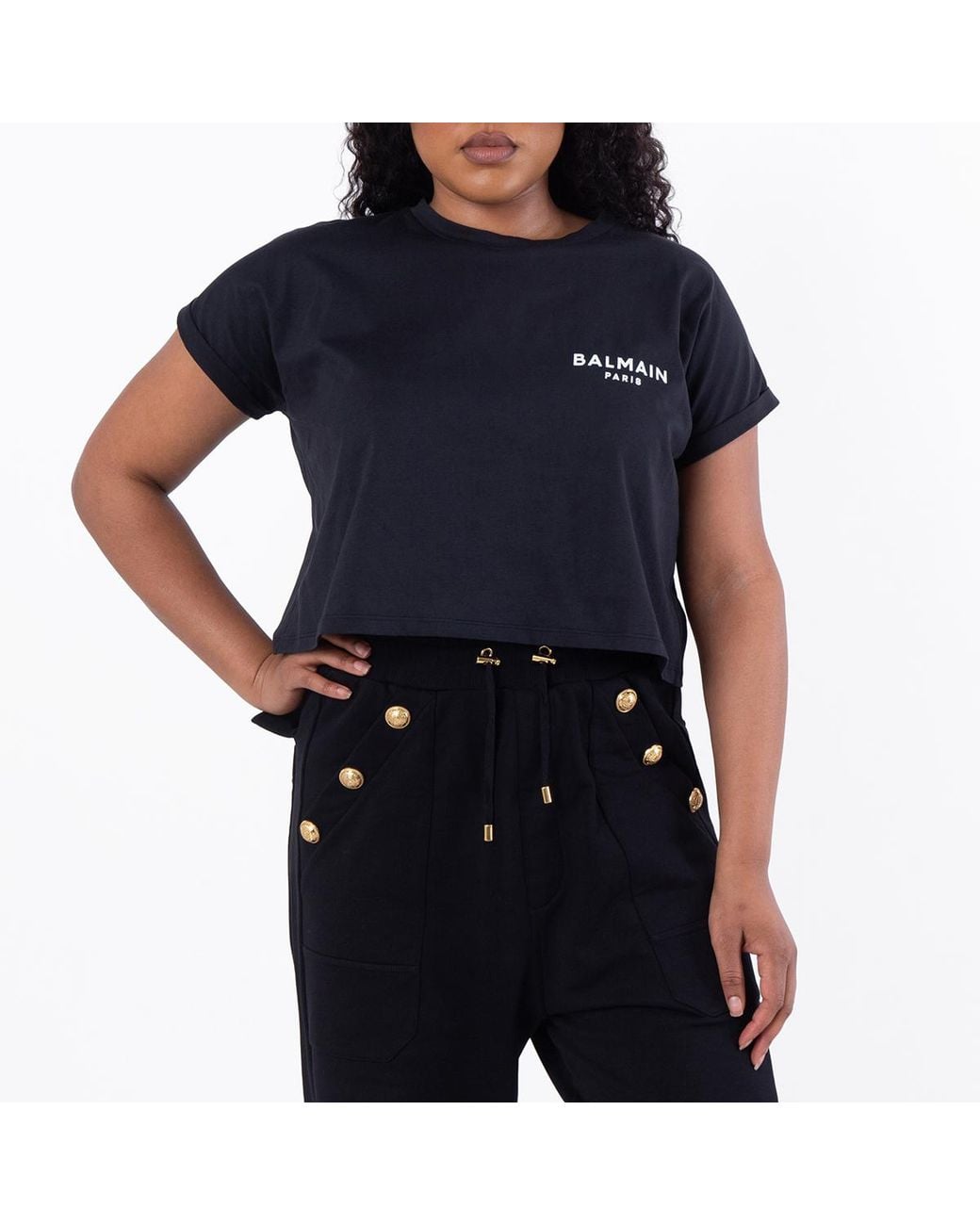 Balmain Blue Flock Logo Print Cropped T Shirt