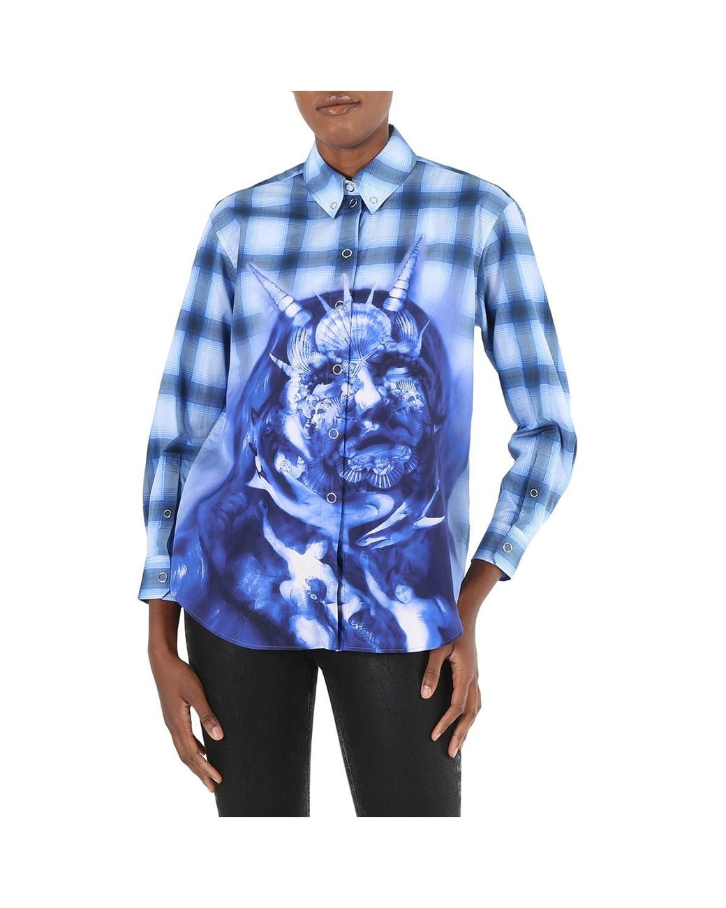 Burberry Blue Ladies Ink Sea Maiden Print Plaid Shirt, Brand Size 4 (Us