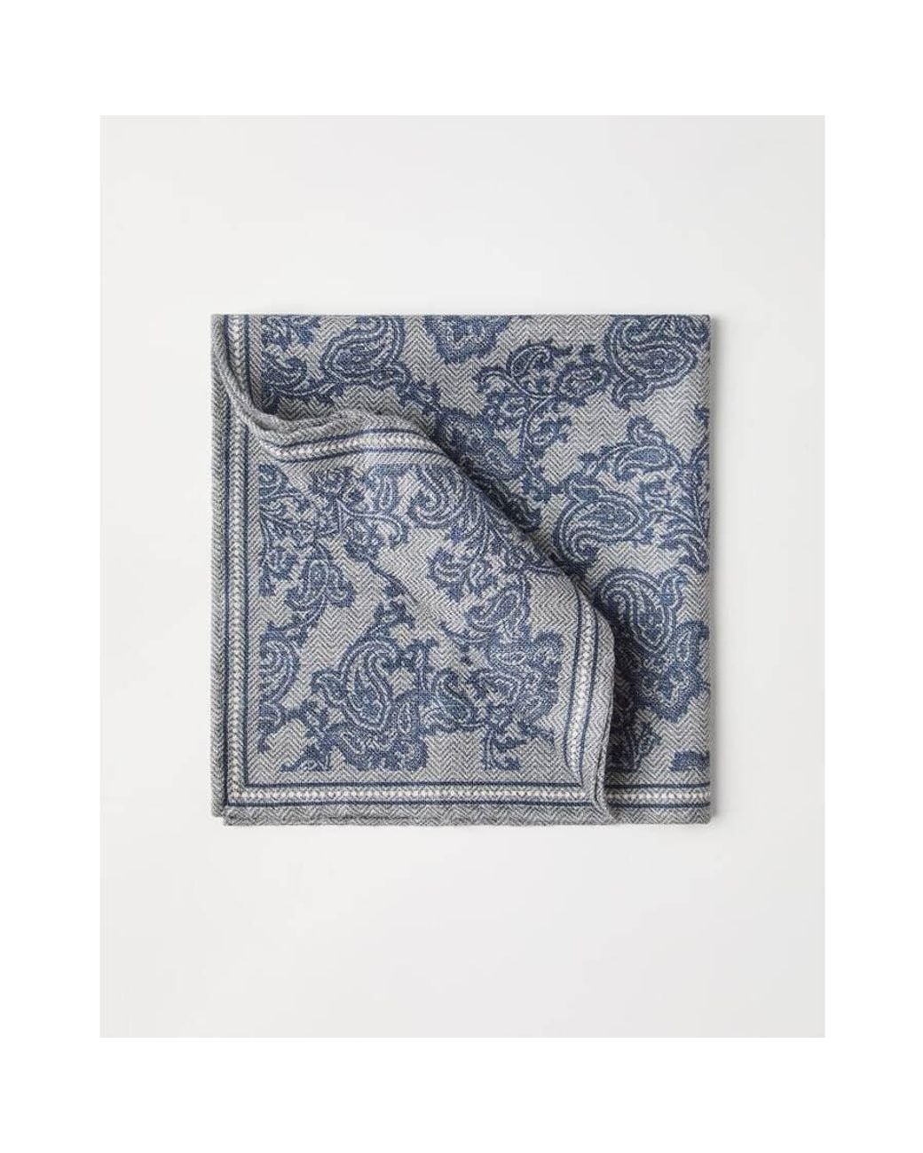 Brunello Cucinelli Blue Fog Silk Paisley Pocket Square for men
