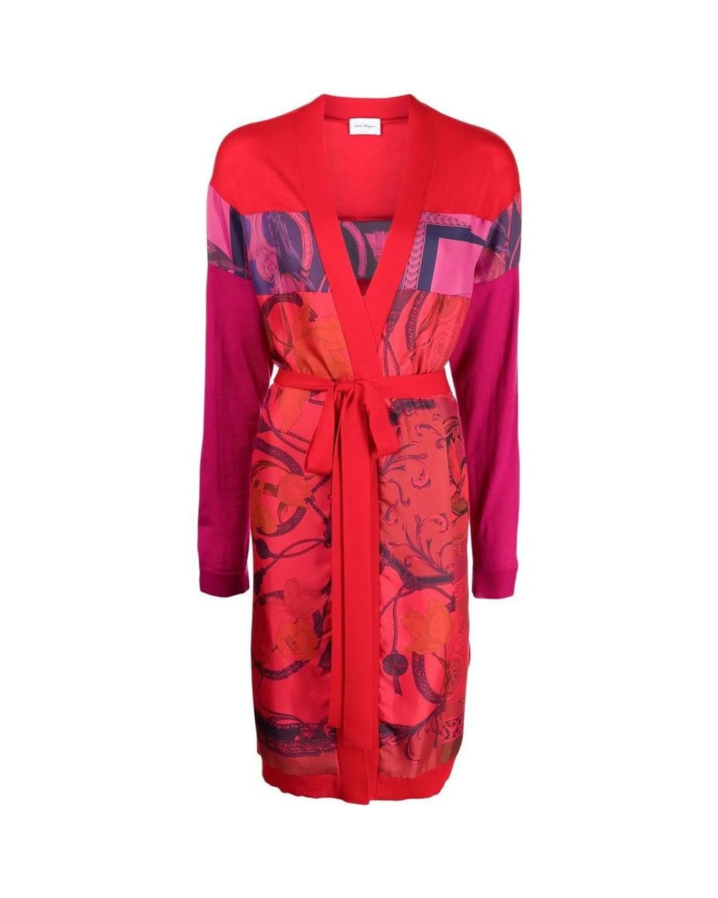 Ferragamo Red Heritage-Print Long Belted Cardigan