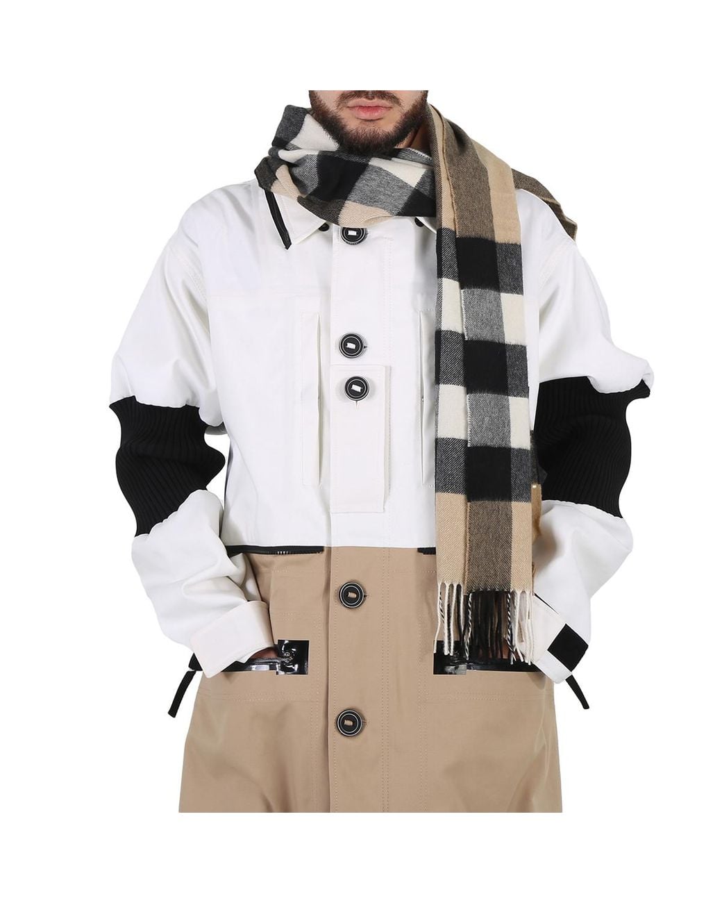 Burberry Natural Half Mega Vintage Check Fringed Cashmere Scarf for men