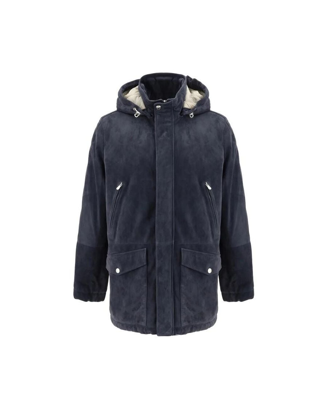 Brunello Cucinelli Blue Leather Puffer Parka for men