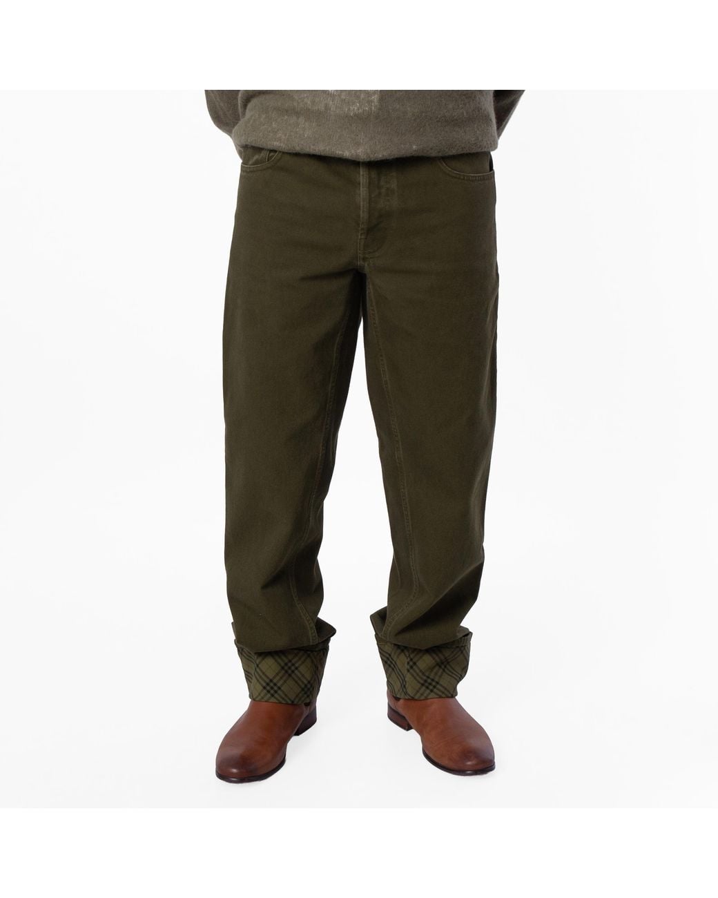 Burberry Green Check Pattern Turn Up Hem Jeans, for men