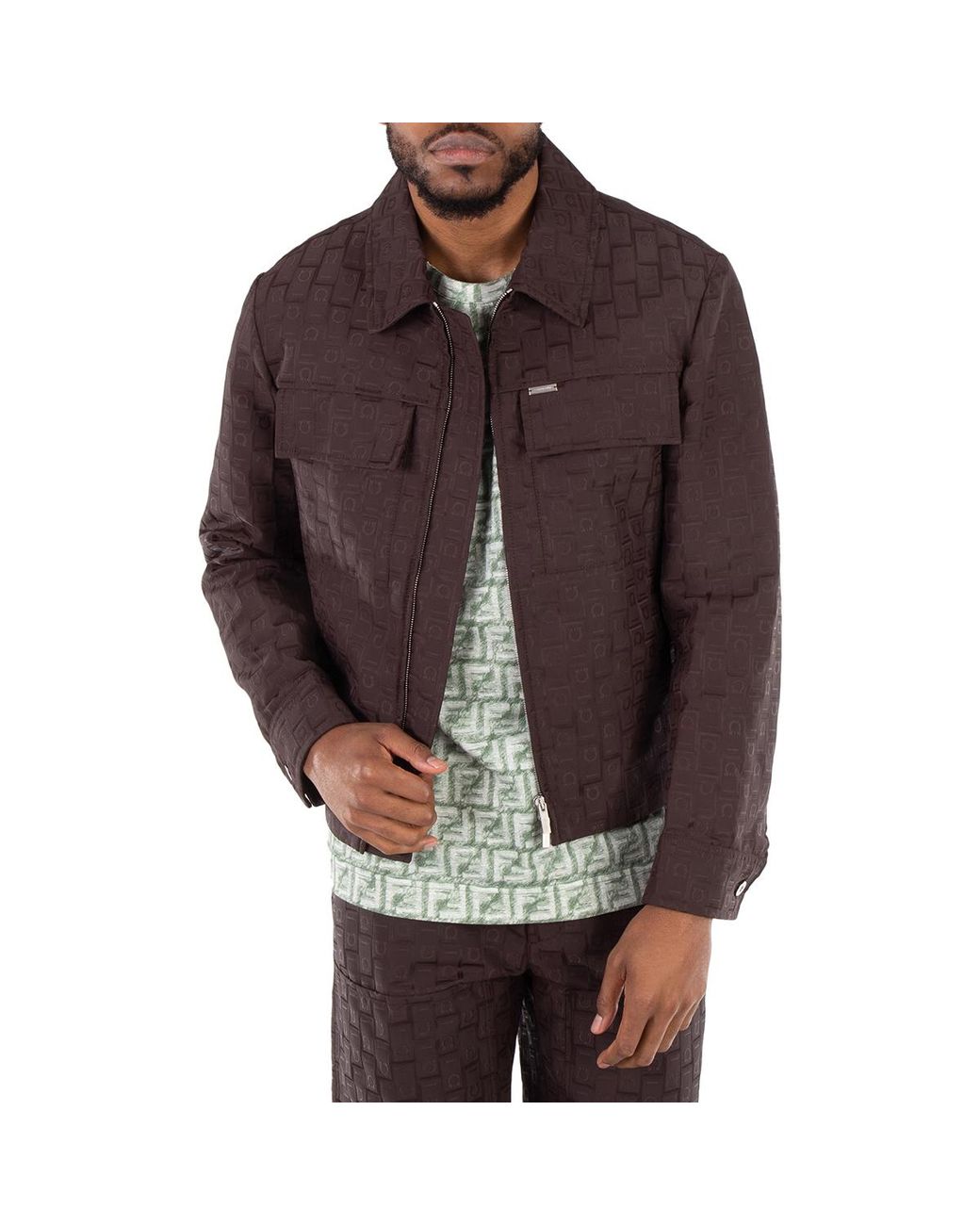 Ferragamo Brown Monogram Jacquard Blouson Jacket, Brand Size 50 Us for men