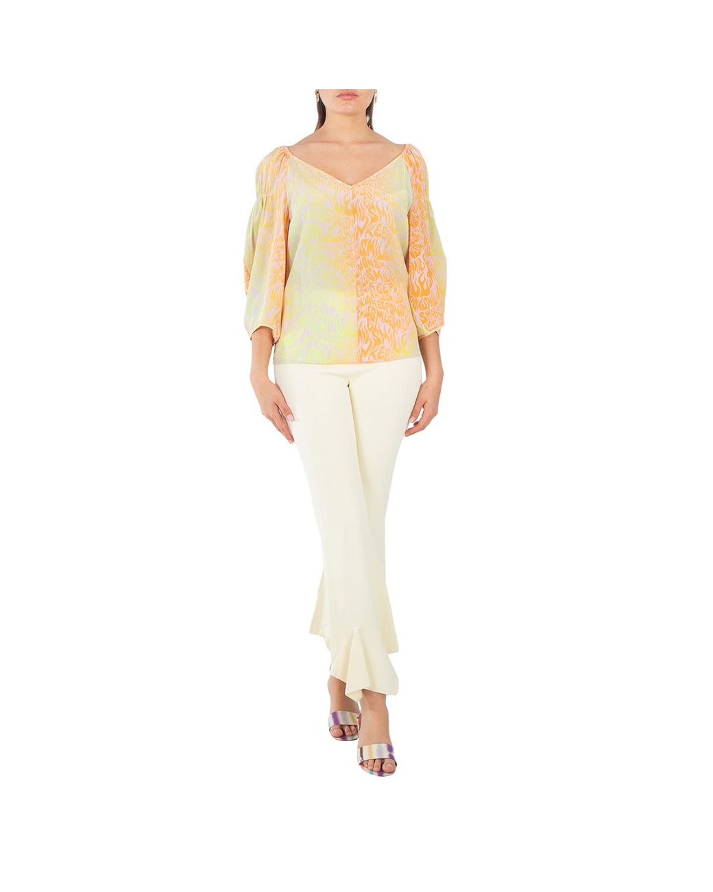 Stella McCartney Natural Ladies High Waist Flared Ruffled Pants, Brand Size 38 (Us