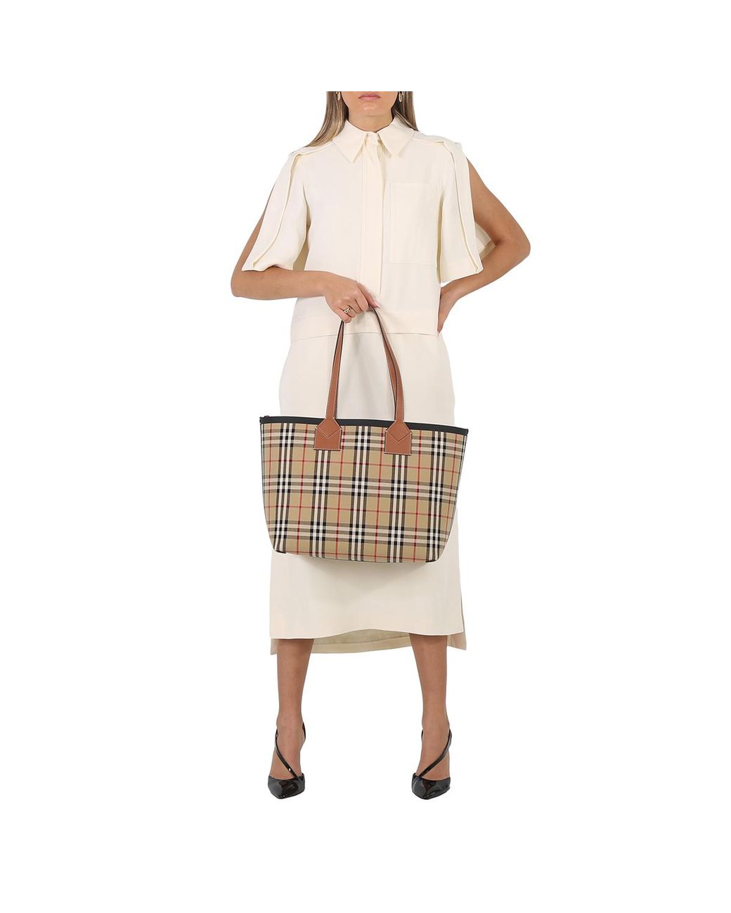 Burberry Metallic Ladies Medium London Check-Pattern Tote Bag for men