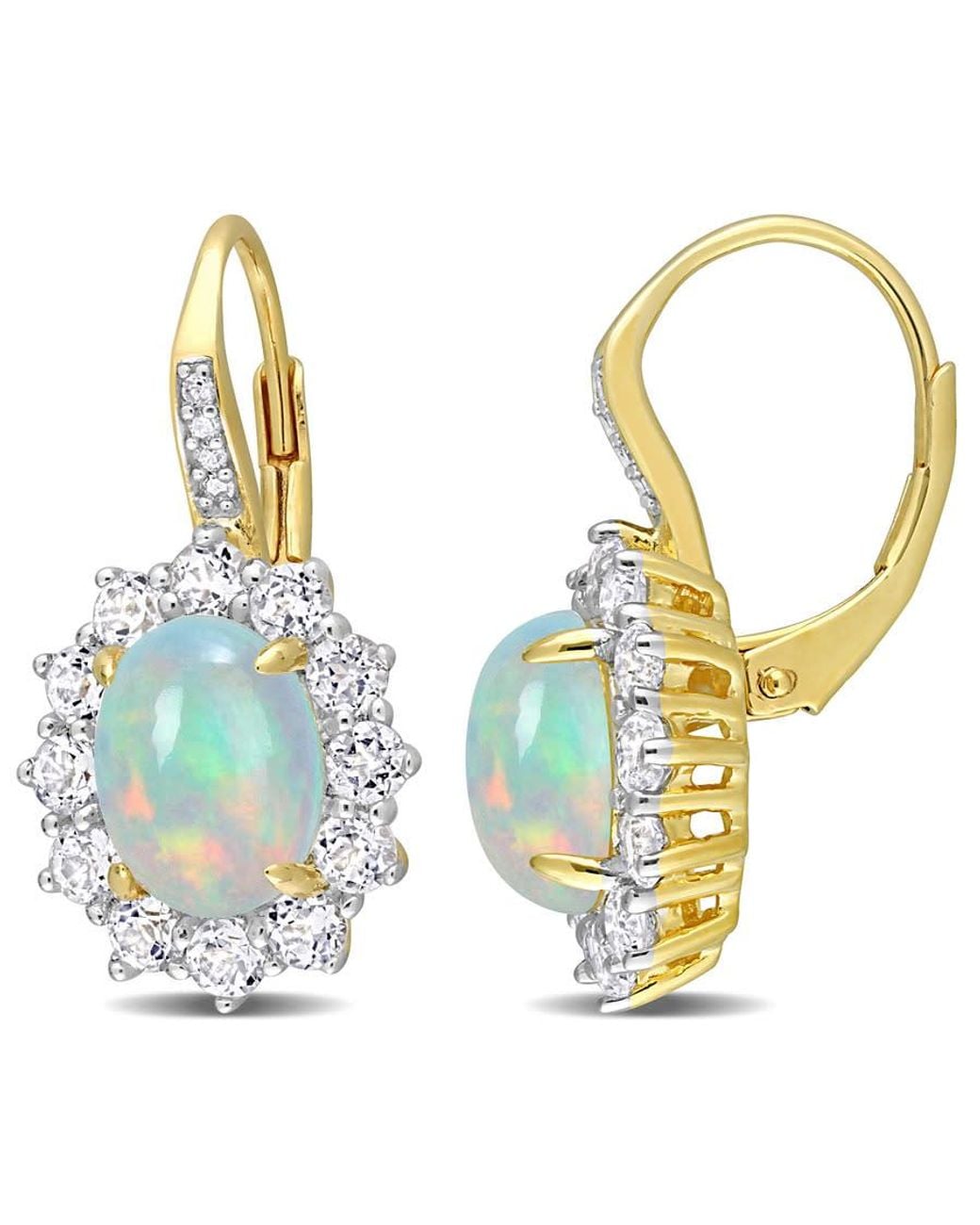 Amour Blue 1 3/4 Ct Tgw Oval Shape Ethiopian Opal And Topaz And Diamond Accent Halo Leverback Earrings for men