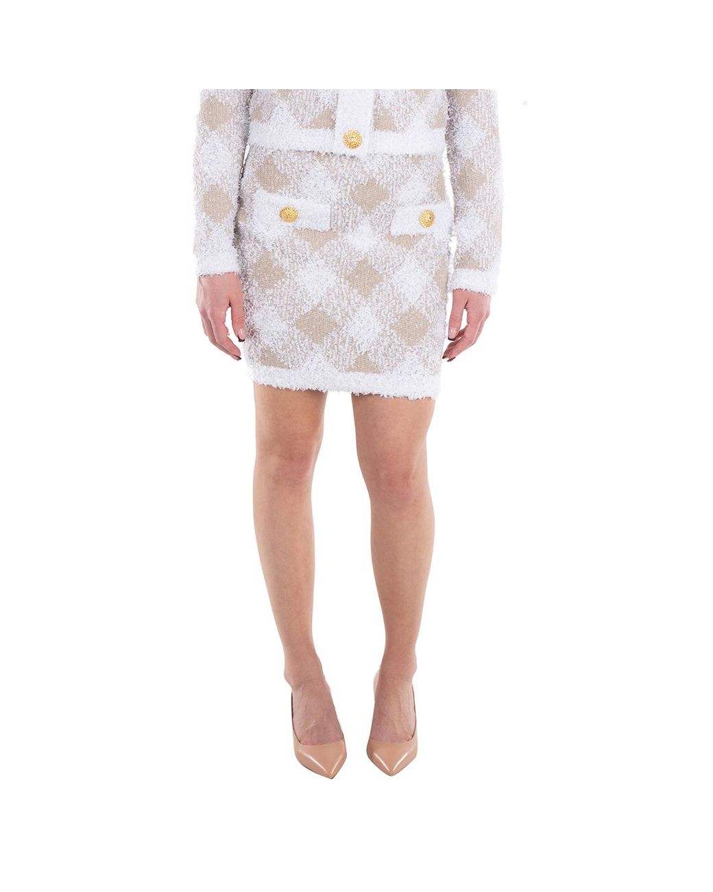 Balmain White Check Pattern Ribbed Hem Mini Skirt, Brand Size 34 Us
