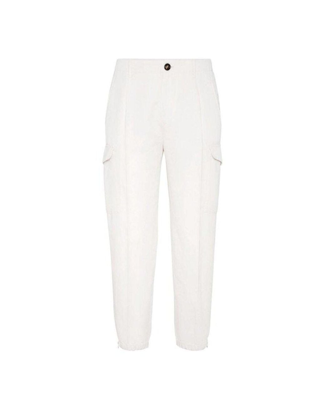 Brunello Cucinelli White Off Linen Blend Cargo Trousers, Brand Size 52 (Us for men