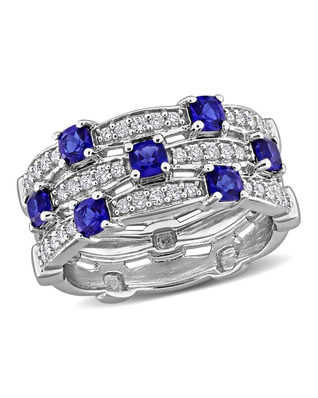 Created Forever Blue 1Ct Tgw Created Sapphire And 1/3Ct Tw Lab-Grown Diamond 3-Row Semi-Eternity Ring for men