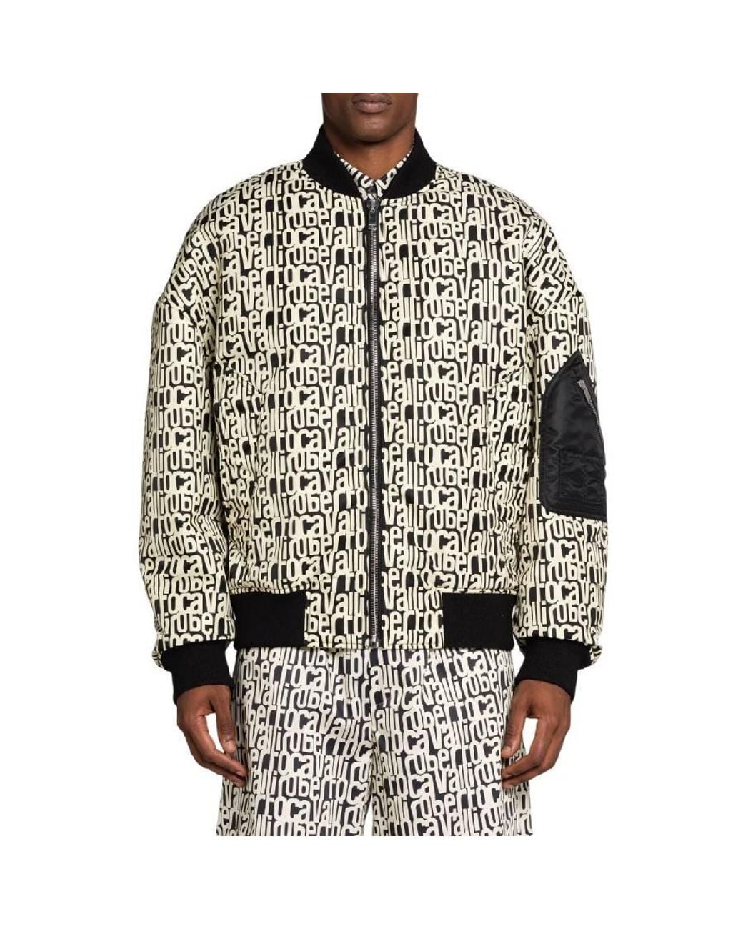 Roberto Cavalli Black All-Over Logo Bomber Jacket, Brand Size 52 Us for men