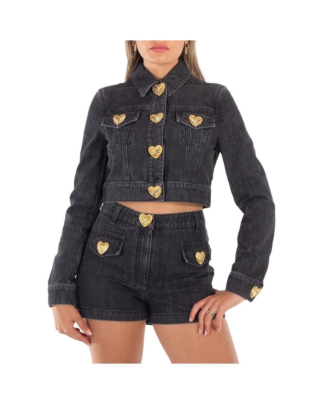 Moschino Blue Heart Buttons Cropped Denim Jacket
