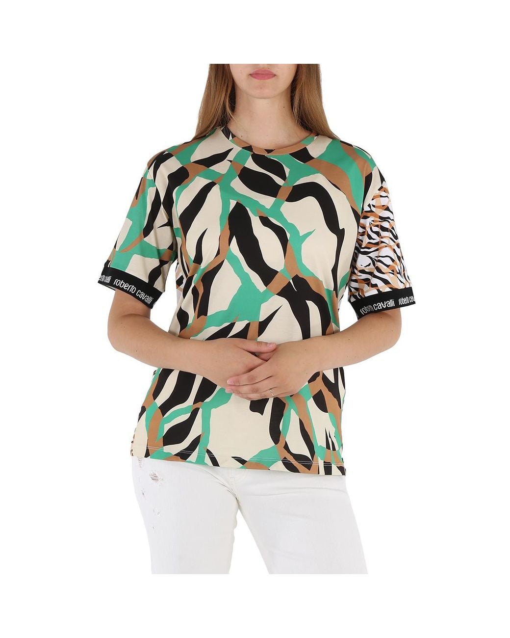 Roberto Cavalli Green Ladies Contrast Sleeve Macro Tiger Twiga Cotton Boxy T-Shirt for men
