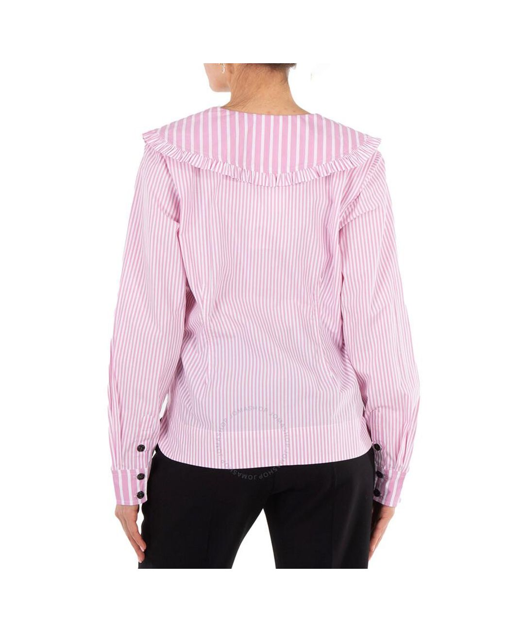 Ganni Ruffled Striped Organic Cotton-poplin V-neck Blouse in