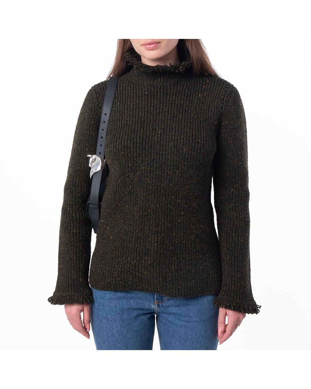 Burberry Green Fringed Rib-Knit Wool Sweater