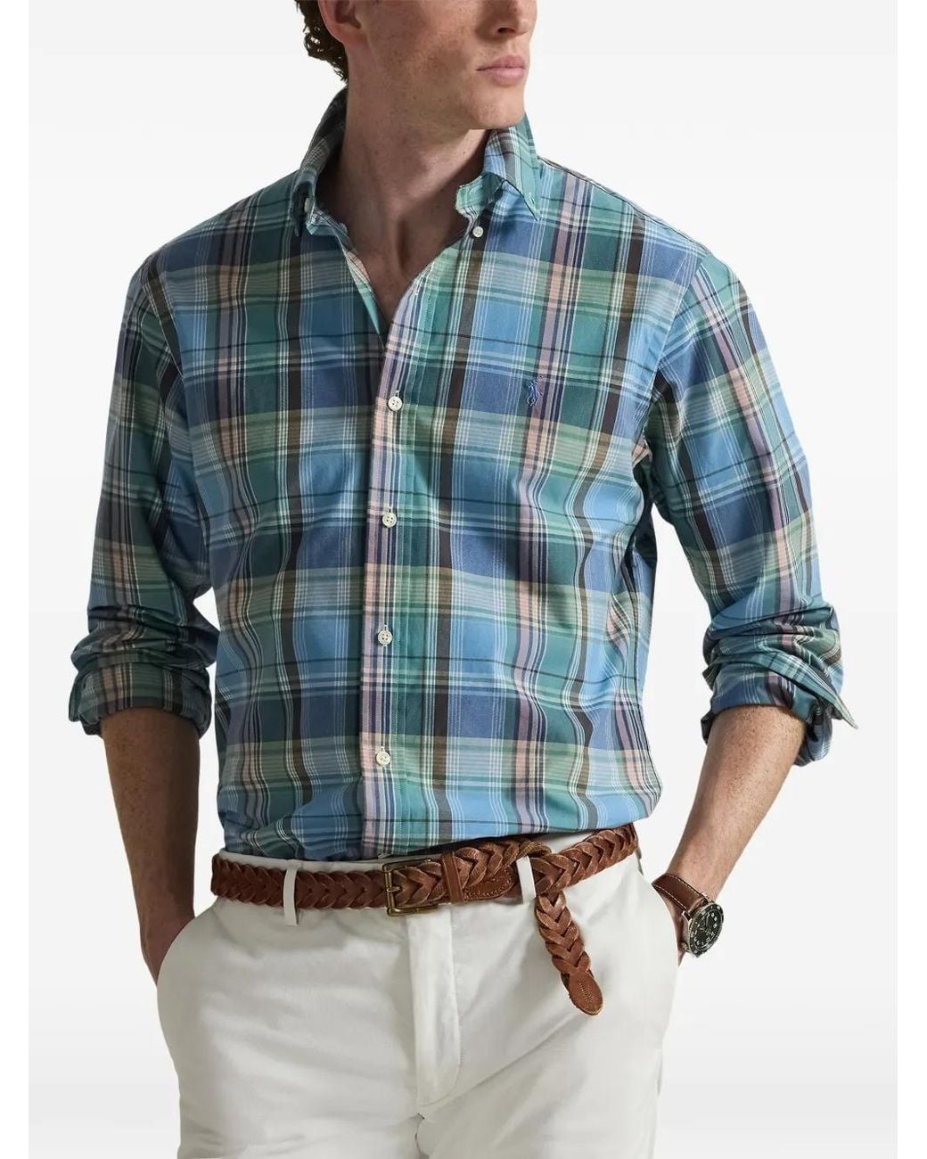 Polo Ralph Lauren Blue Custom Fit Plaid Poplin Shirt for men