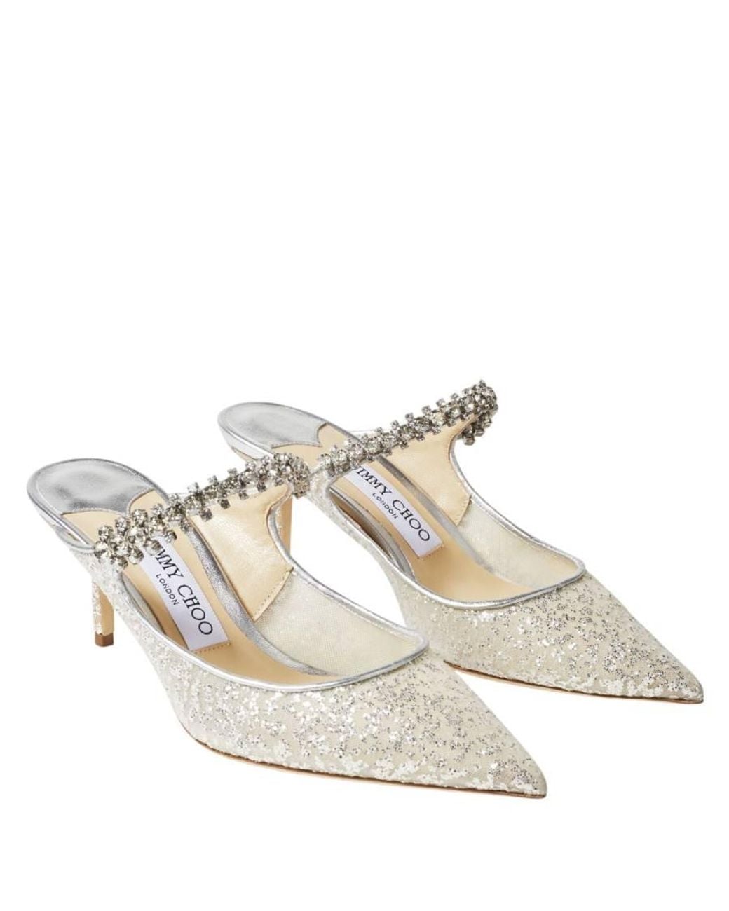 Jimmy Choo White Bing 65 Glitter Tulle Mules, Brand Size 34 Us