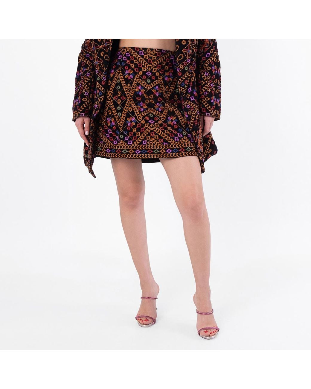 Farm Rio Black Embroidered Corduroy Mini Skirt
