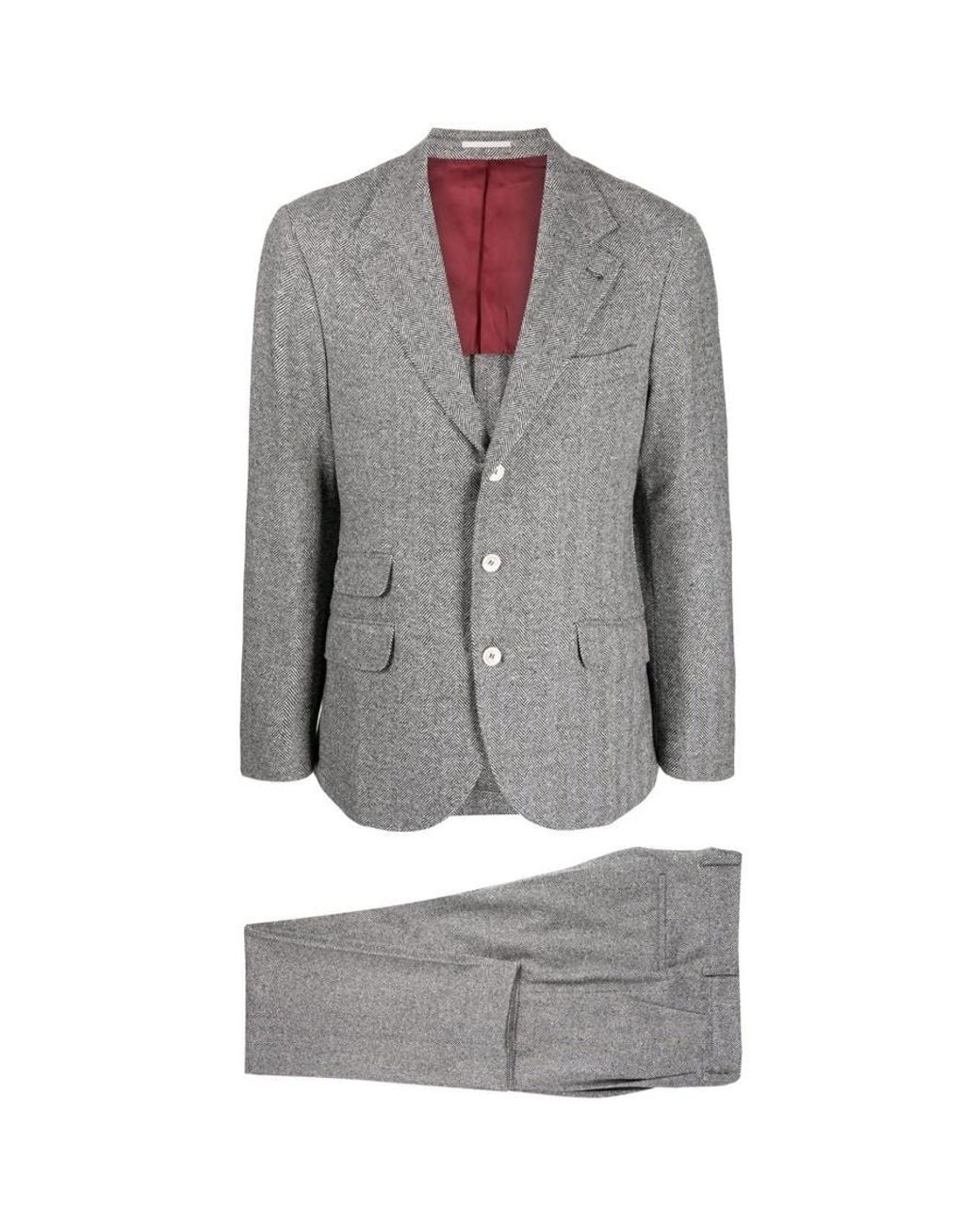 Brunello Cucinelli Gray Medium Herringbone Suit, Brand Size 46 (Us for men
