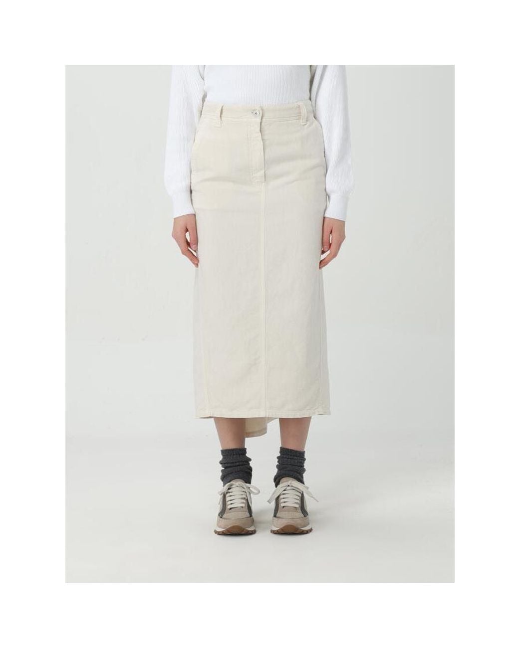 Brunello Cucinelli White Gesso Cotton Linen Midi Skirt, Brand Size 44 (Us for men