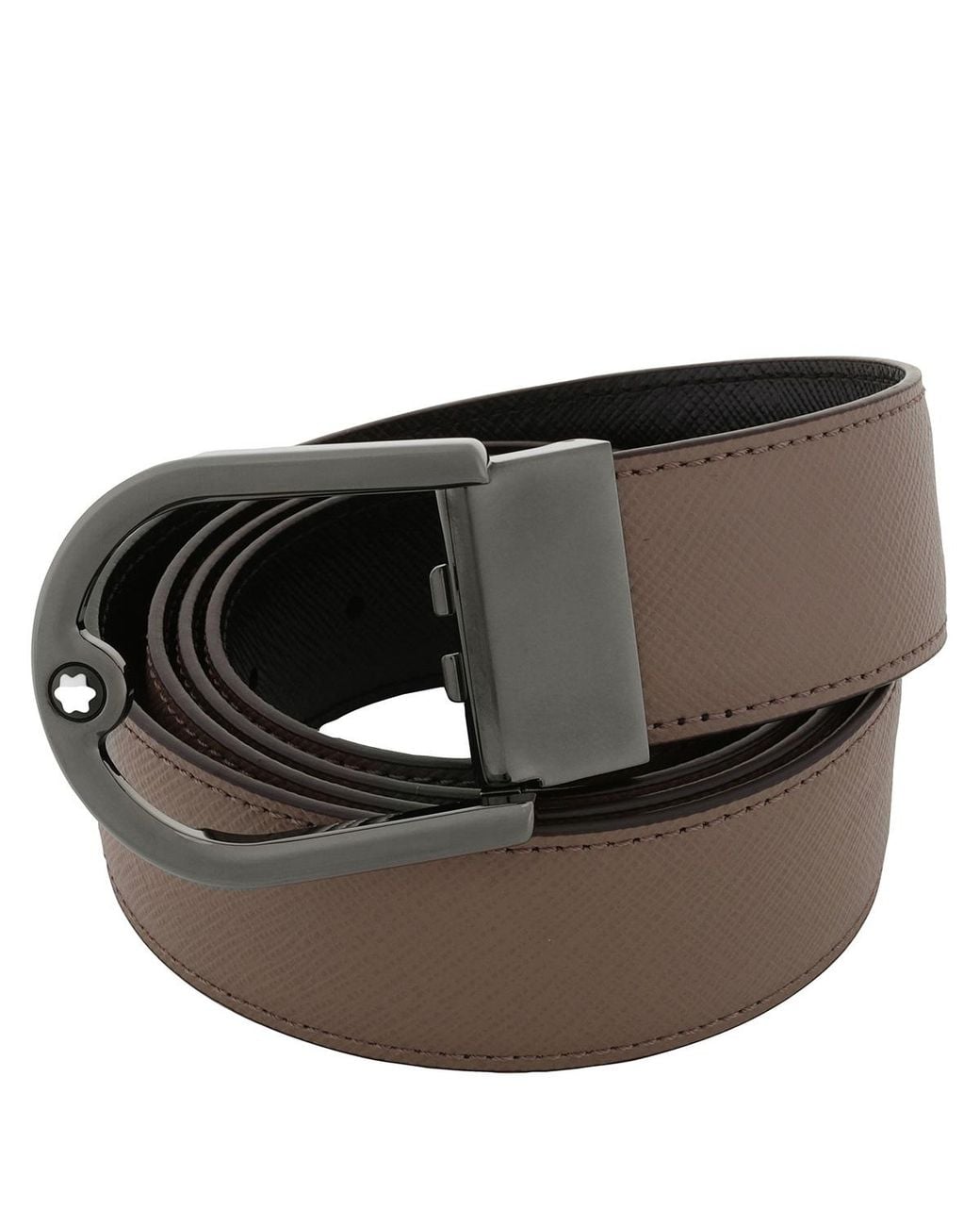 Montblanc Brown Horseshoe Buckle Saffiano Printed Reversible Leather Belt for men