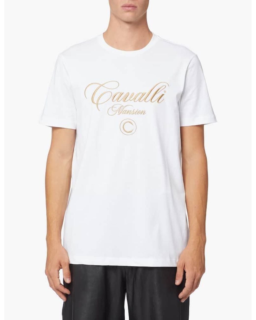 Roberto Cavalli White Logo-Embroidered Cotton T-Shirt for men