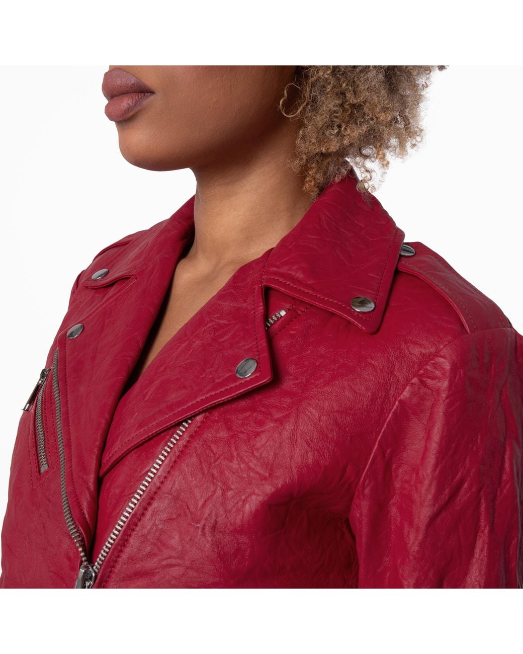 Michael Kors Red Ladies Crinkled Leather Moto Jacket for men