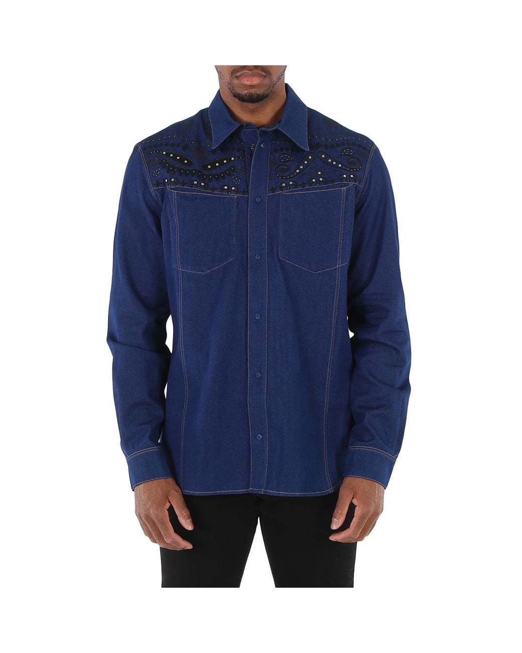 Roberto Cavalli Blue Dark Bandana Embroidered Denim Shirt, Brand Size 48 (Us for men