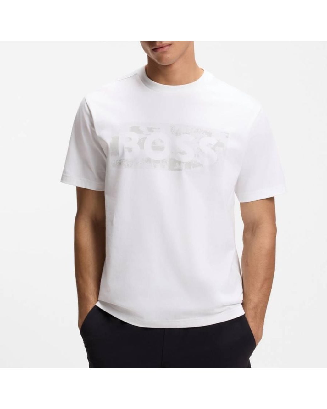Boss White Stretch Cotton Logo-Artwork T-Shirt for men