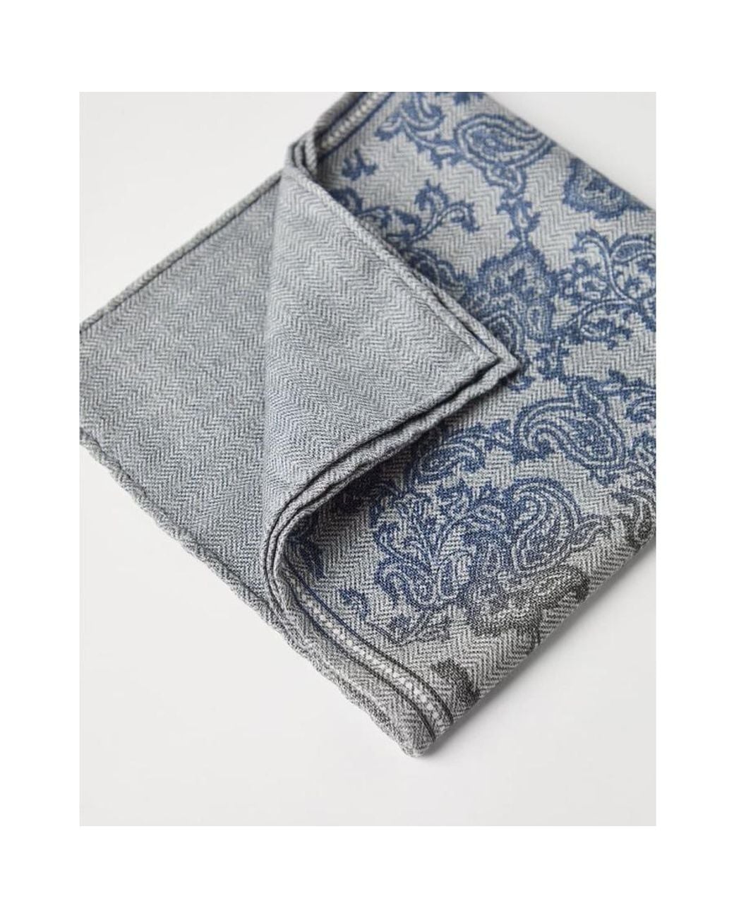 Brunello Cucinelli Blue Fog Silk Paisley Pocket Square for men