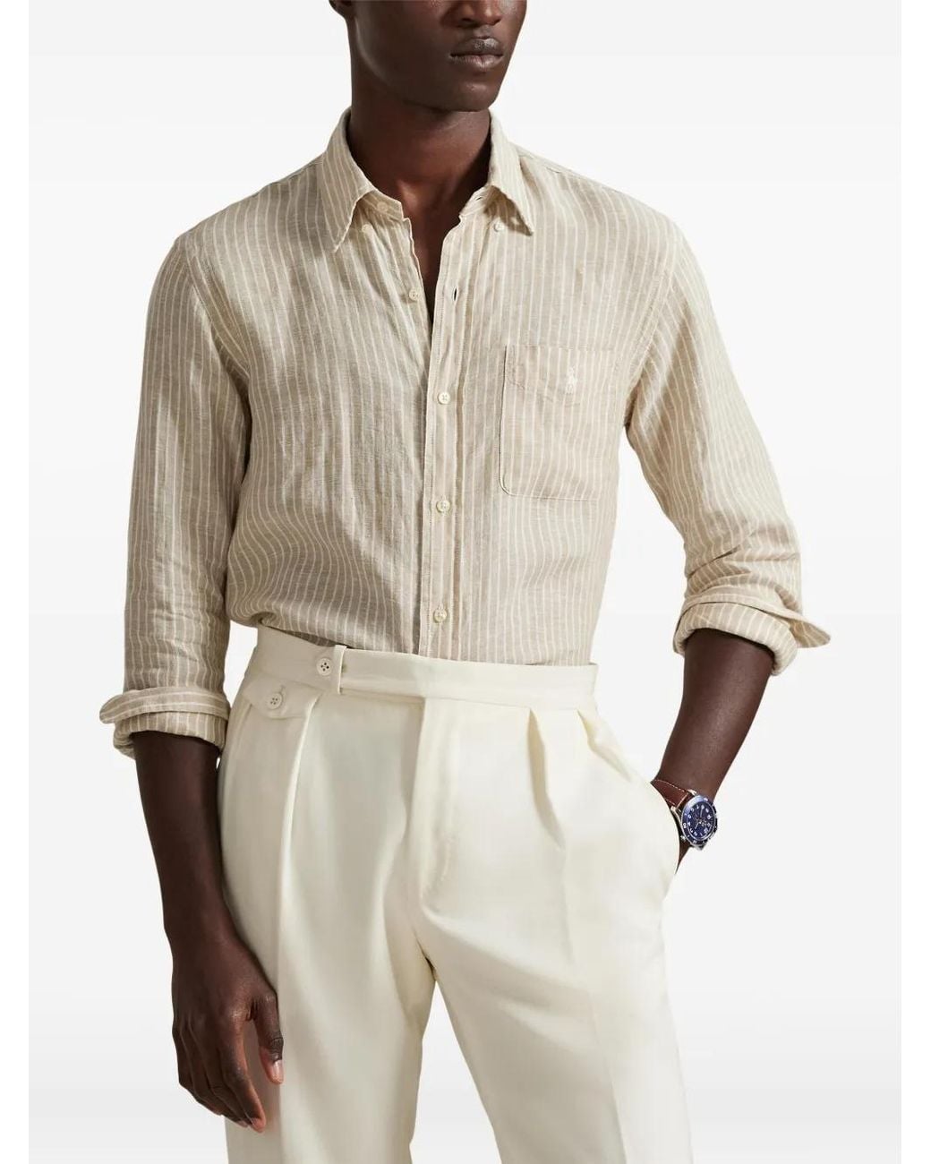 Polo Ralph Lauren White Custom Fit Striped Linen Shirt for men