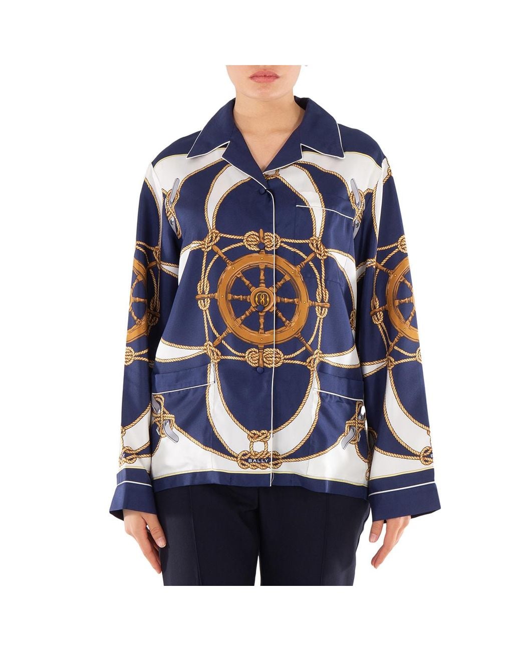 Bally Blue Graphic-Print Notched-Collar Silk Shirt
