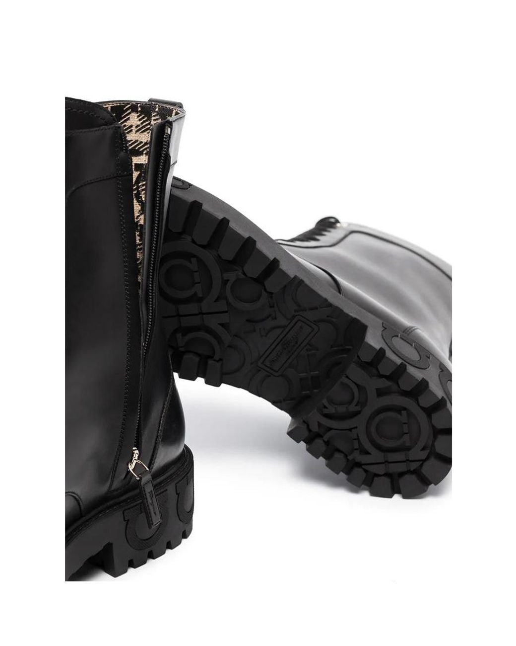 Ferragamo Black Gancini Heel Leather Combat Boots